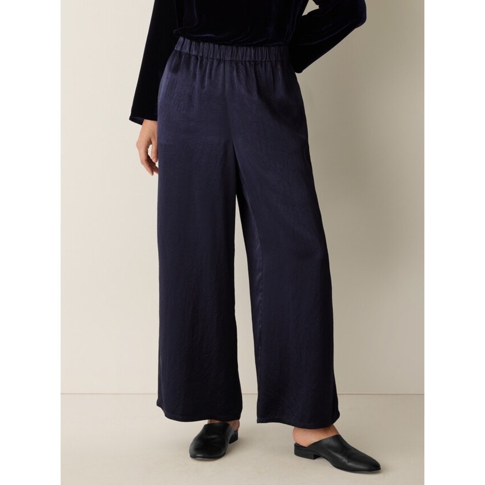 Eileen Fisher Textured Satin Wide-Leg Pant Women M Ink Black Blue Sustainable